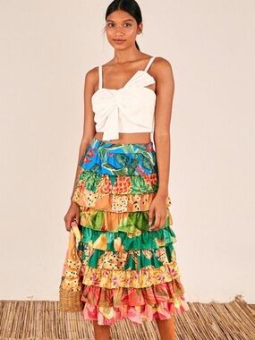 Farm Rio Tiered Tropical Print Ruffle Skirt - M